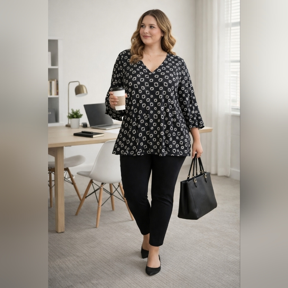 NWT Nic + Zoe Black Multi Print V-Neck Tunic Top 2X Flowy Bell Sleeve W/ Stretch